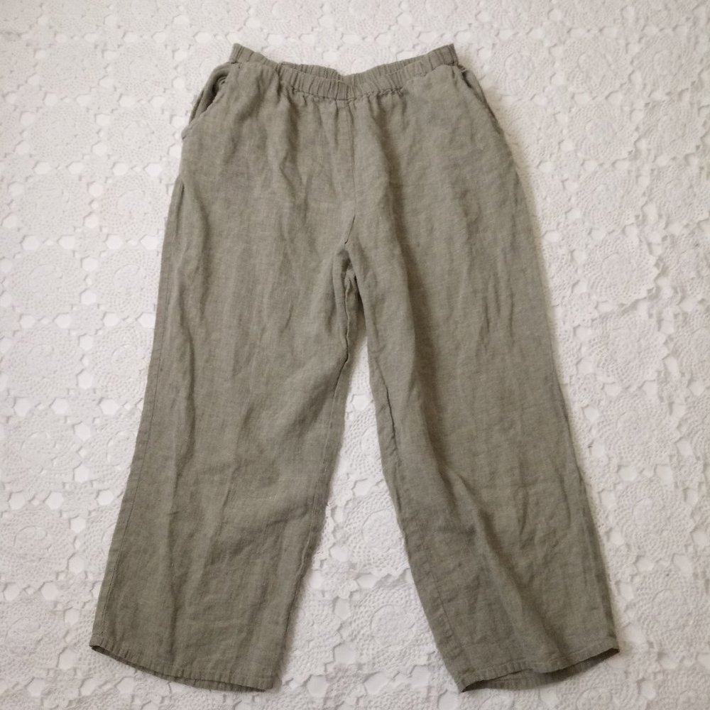Flax Pull On Pants 100% Linen Sage Green Wide Leg Elastic Waist Large Women